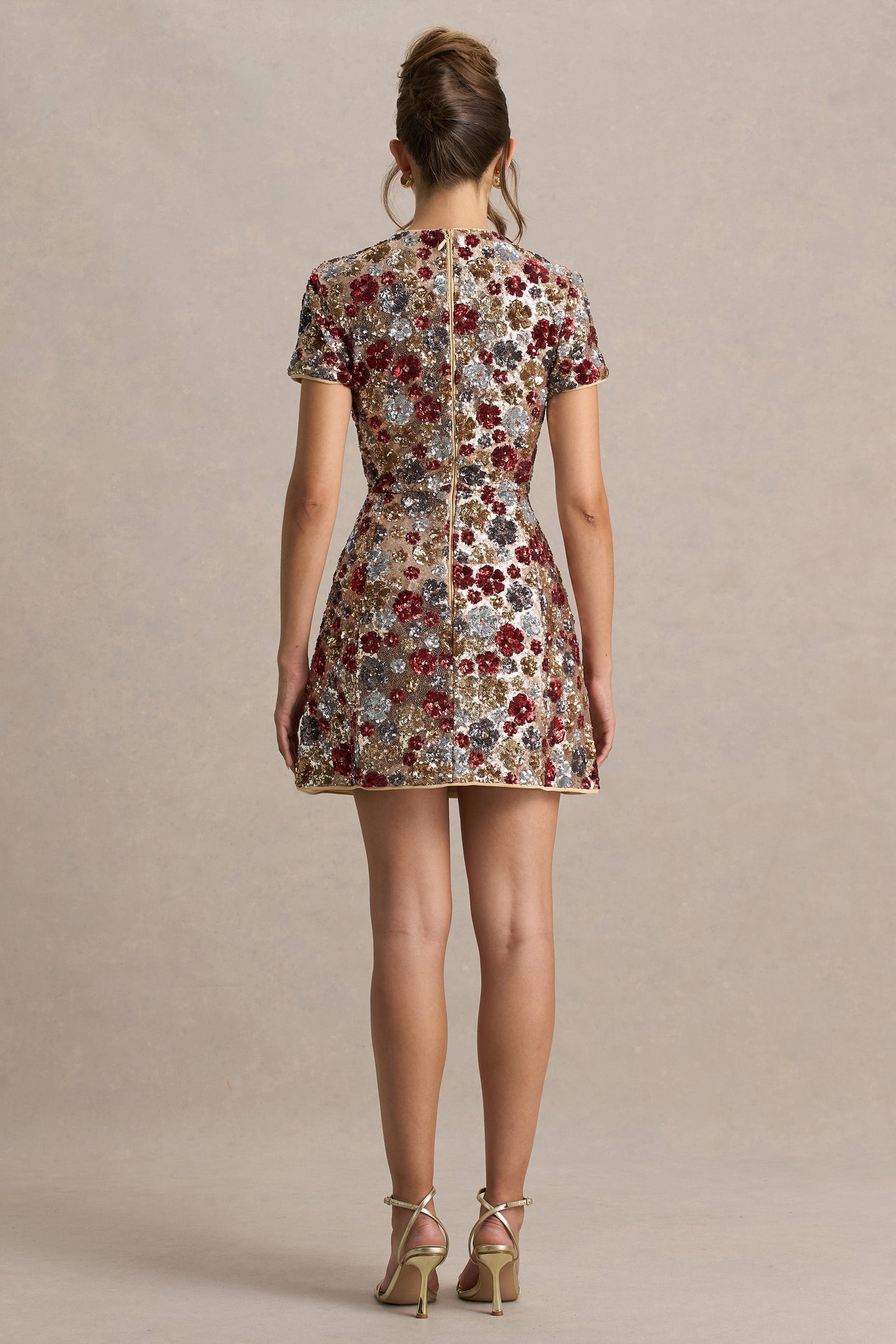 Eira | Red Floral Embellished Sequin Crew-Neck Mini Dress