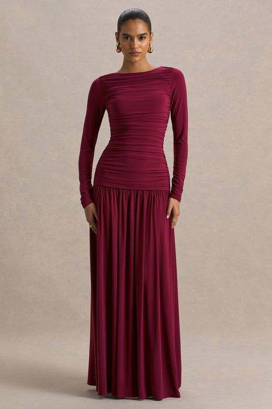 Aniyah | Burgundy Slashed-Neck Maxi Dress With Ruched Detailing