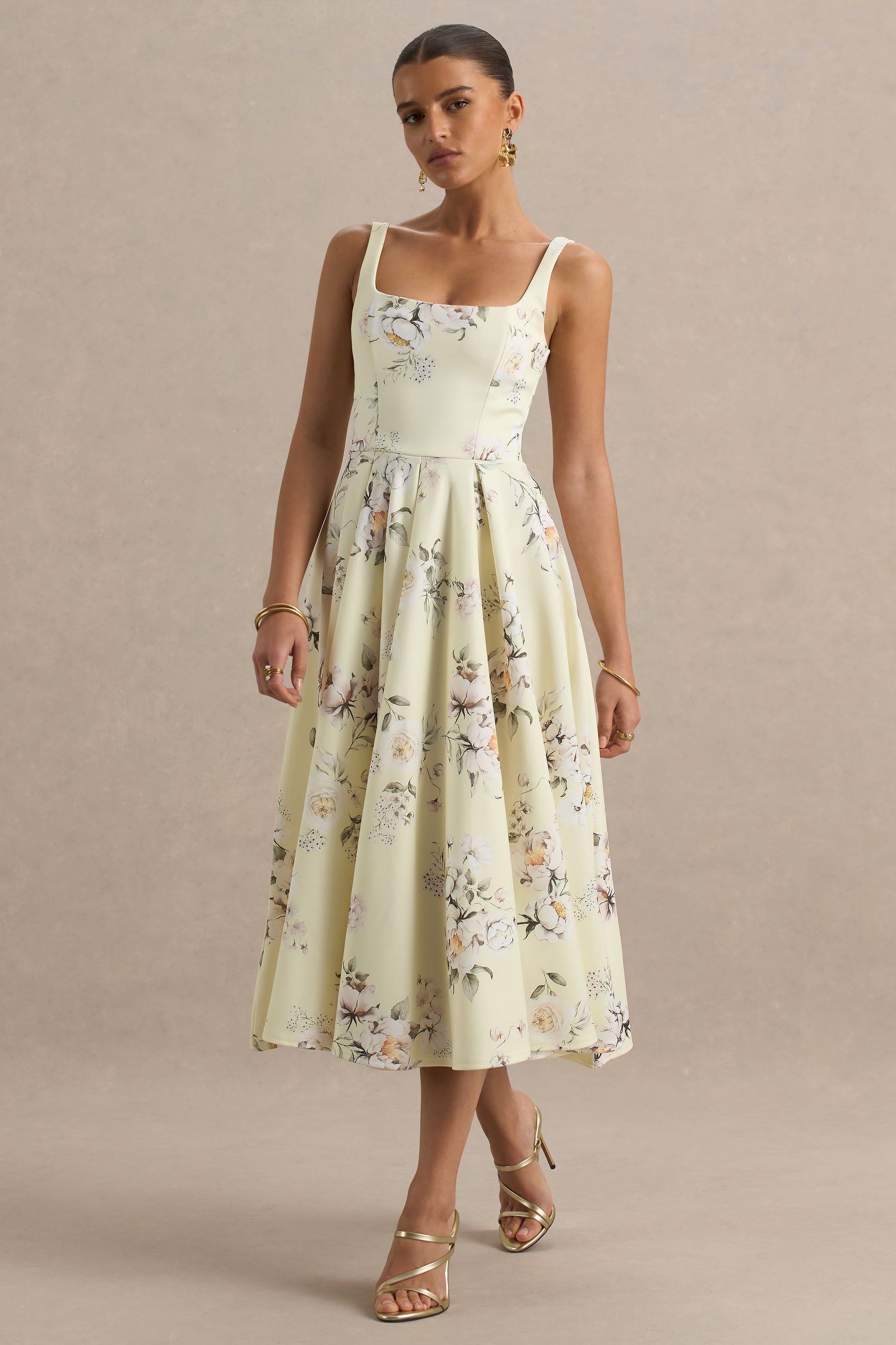 Lissa | Lemon Floral Bouquet Print Square-Neck Midi Dress