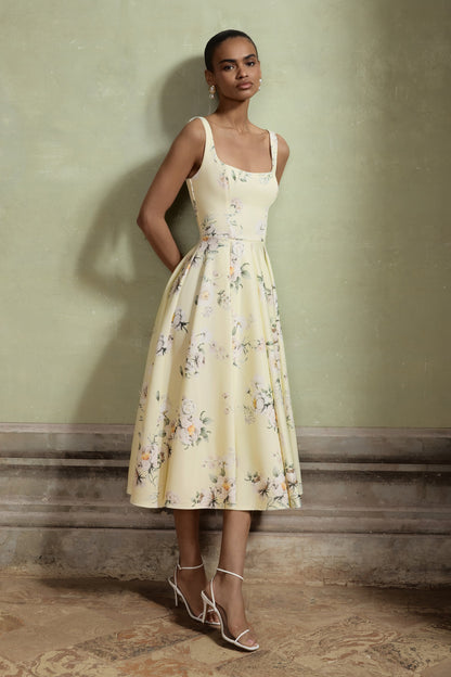 Lissa | Lemon Floral Bouquet Print Square-Neck Midi Dress