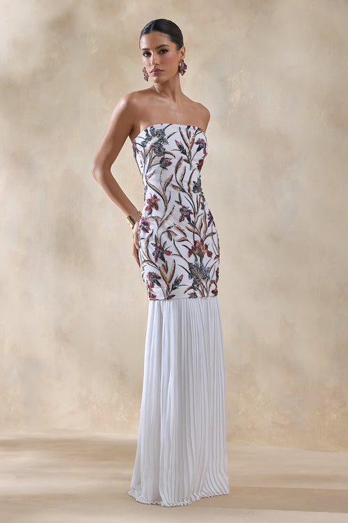 Denise | Cream Sequin Floral Bandeau-Neck Embellished Maxi Dress With Drop-Waist And Mesh Skirt