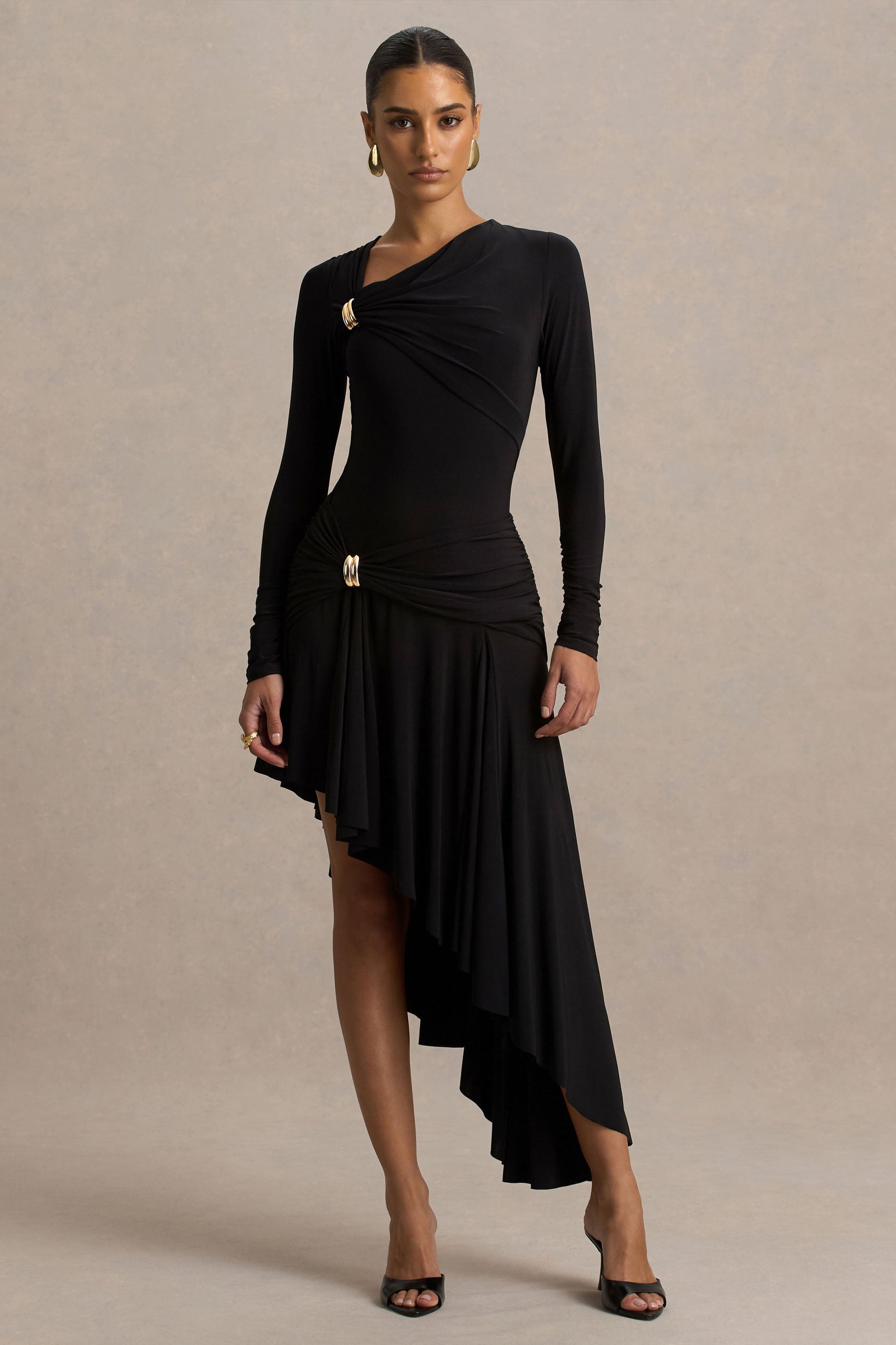 Alexia | Black Asymmetric-Neck Maxi Dress With Gold-Details