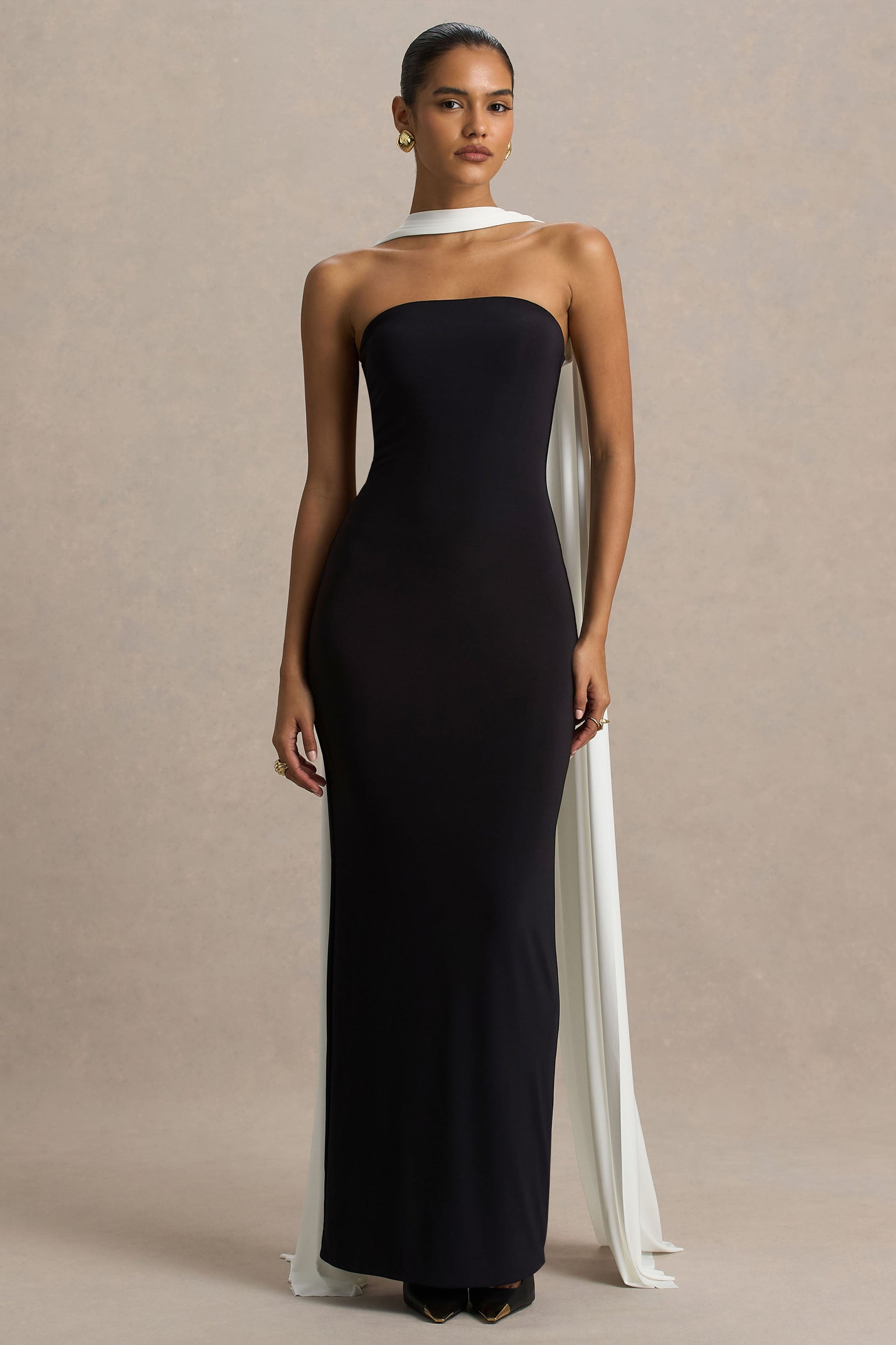 Kelilah | Black And White Bandeau Maxi Dress With Scarf Detail