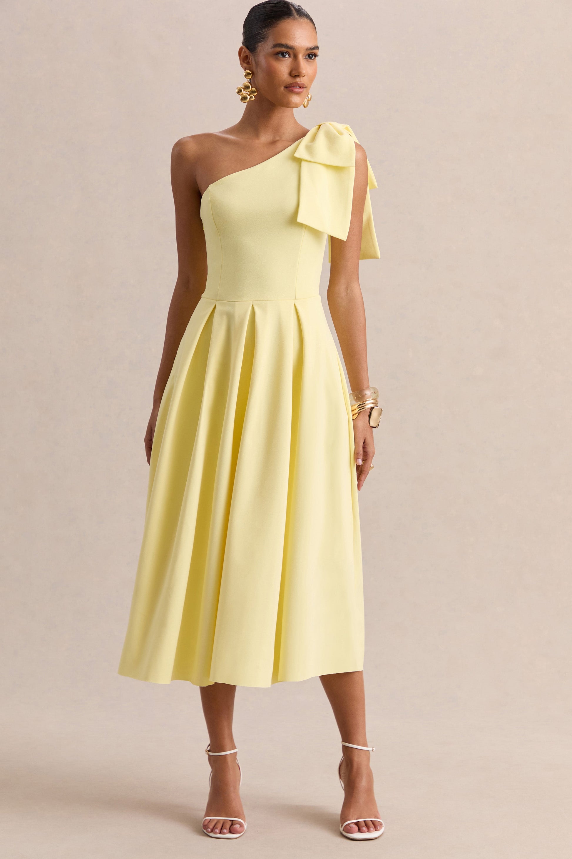 Meria | Lemon Asymmetric-Neck Midi Dress With Bow-Sleeve