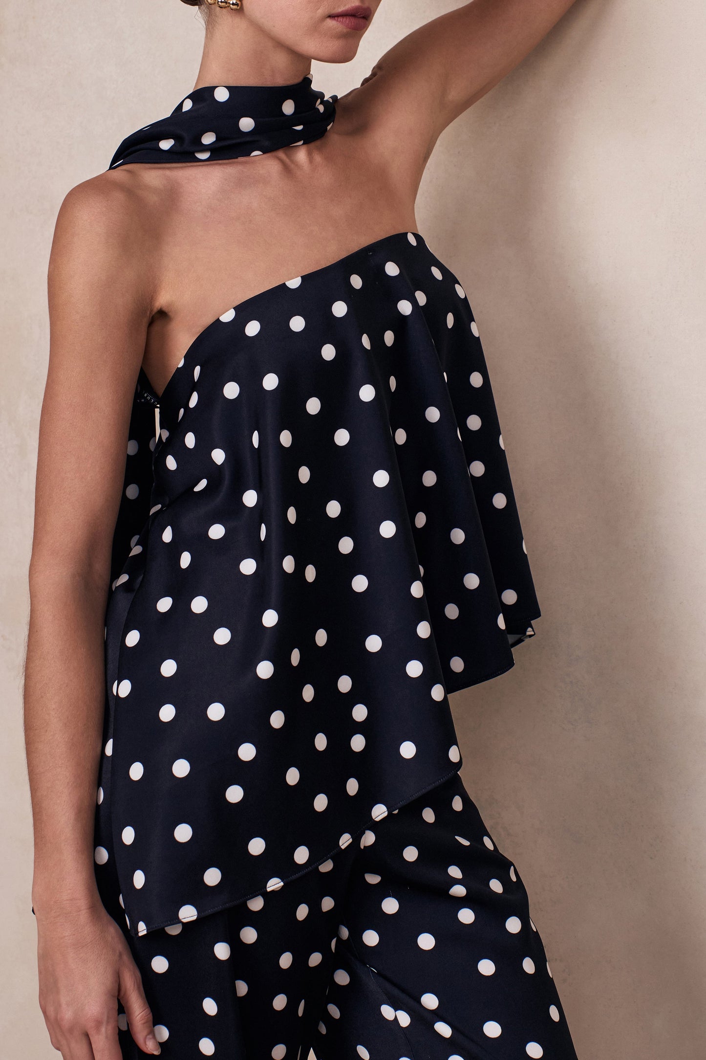 Evandra | Black & White Satin Polka Dot Bandeau Top With Scarf