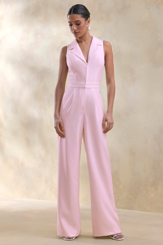 Brillora | Light Pink Plunge-Neck Tailored Jumpsuit