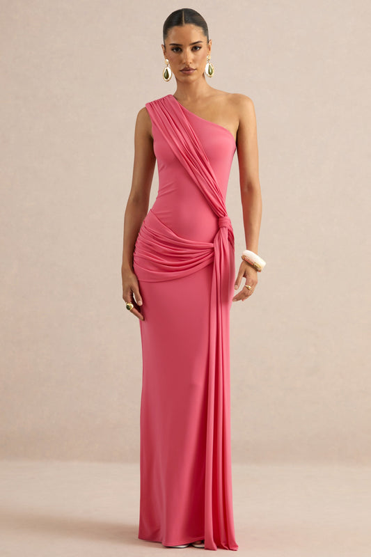 Lunoria | Coral Asymmetric-Neck Maxi Dress With Gathered-Detailing
