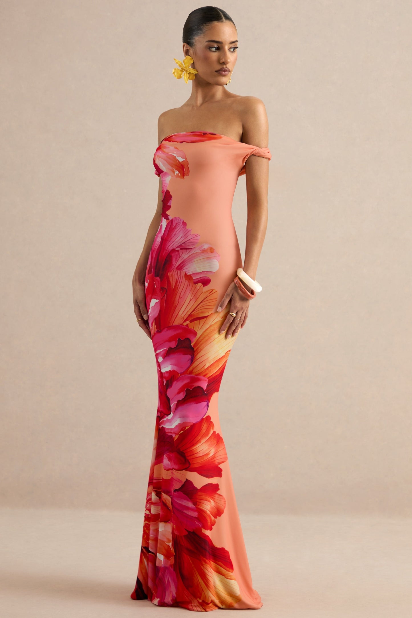 Katia | Hot Pink Placement Floral Print Asymmetric-Neck Maxi Dress
