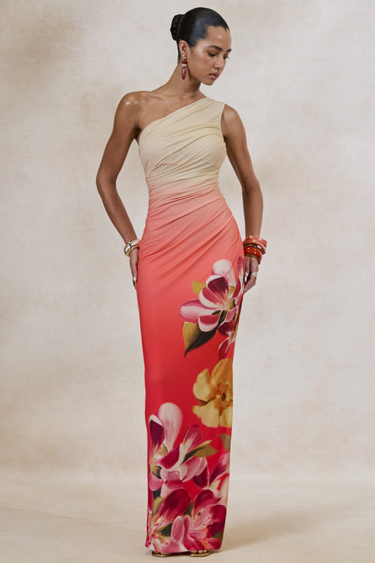 Hazel | Orange And Pink Floral Print Asymmetric-Neck Maxi Dress