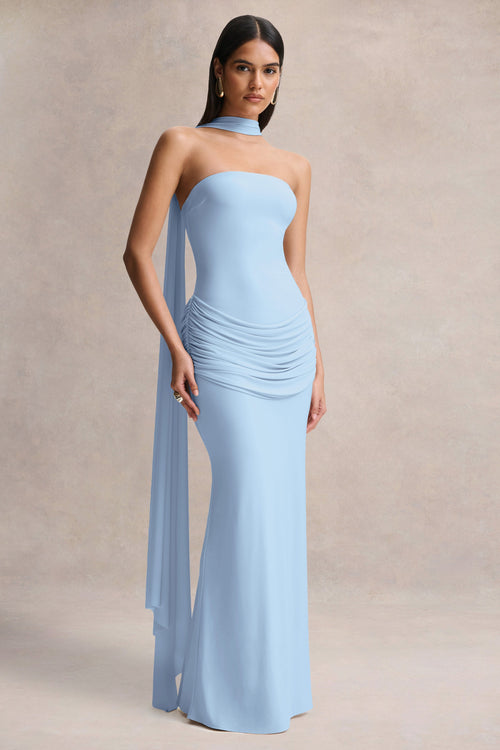 Graciella | Light Blue Bandeau Maxi Dress With Draped Detailing And Scarf