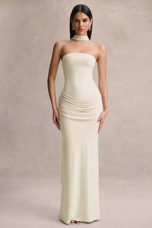 Graciella | Cream Bandeau Maxi Dress With Draped Detailing And Scarf