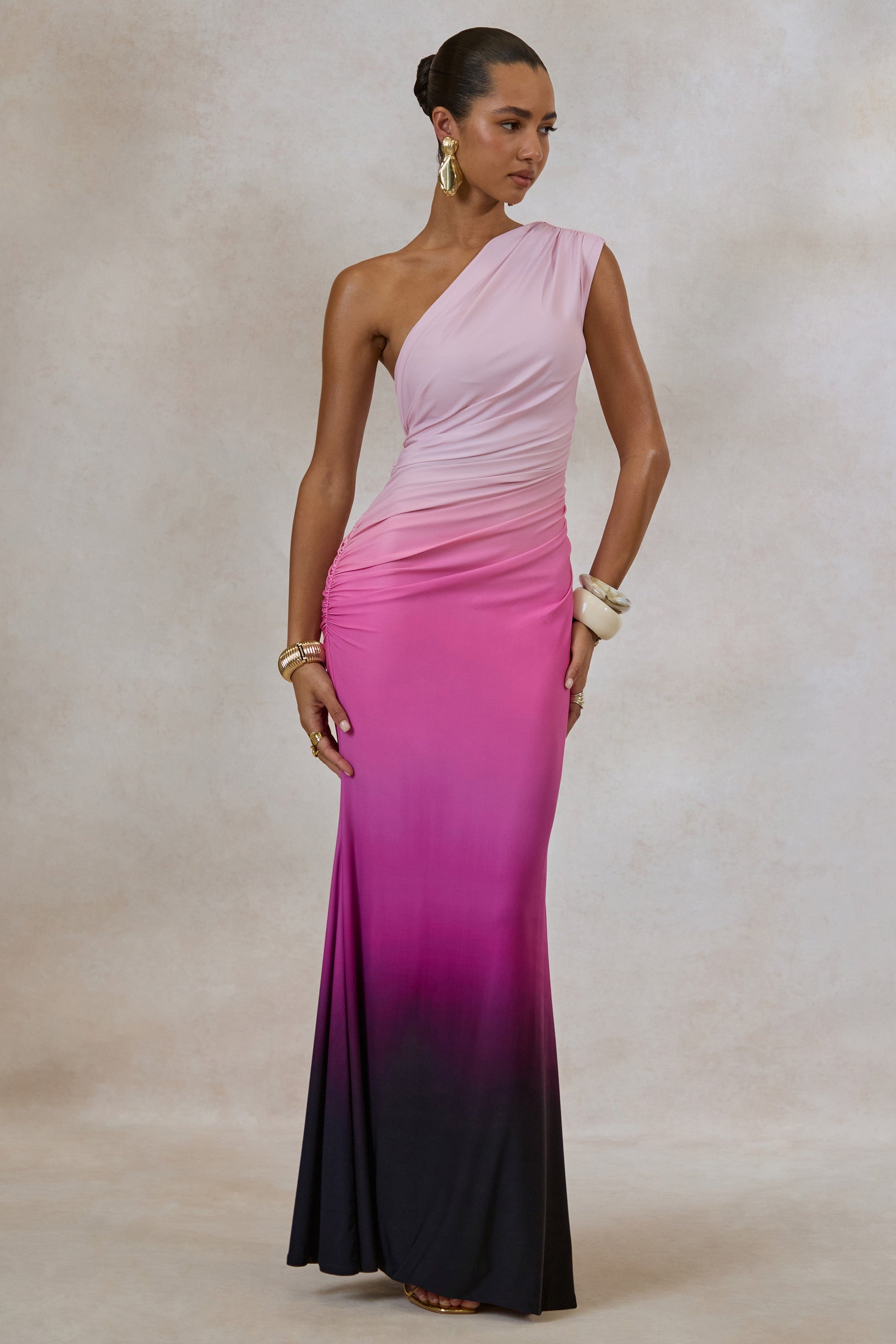 Lauretta | Pink Ombre Asymmetric Maxi Dress With Ruching