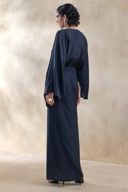 Delphina | Navy Satin Maxi Dress With Gathered And Knot-Detail
