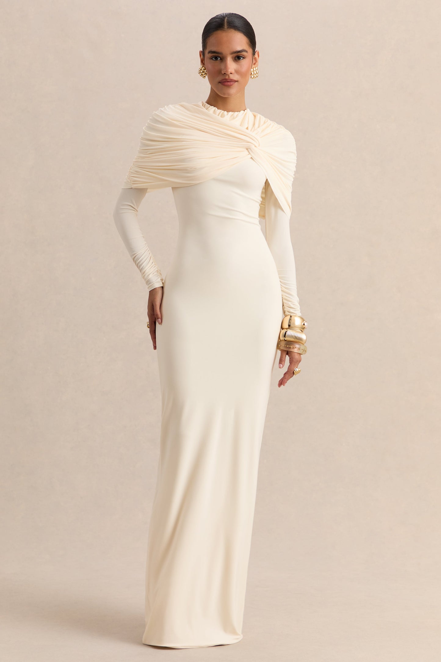 Evessa | Cream Crew-Neck Maxi Dress With Gathered-Detailing