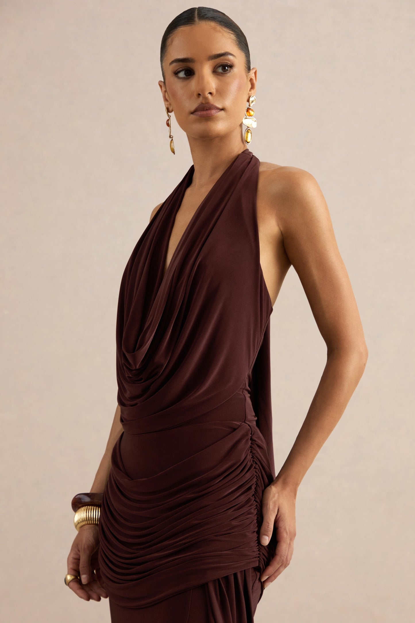 Kavya | Dark Brown Extreme Plunge Neck Thong Bodysuit