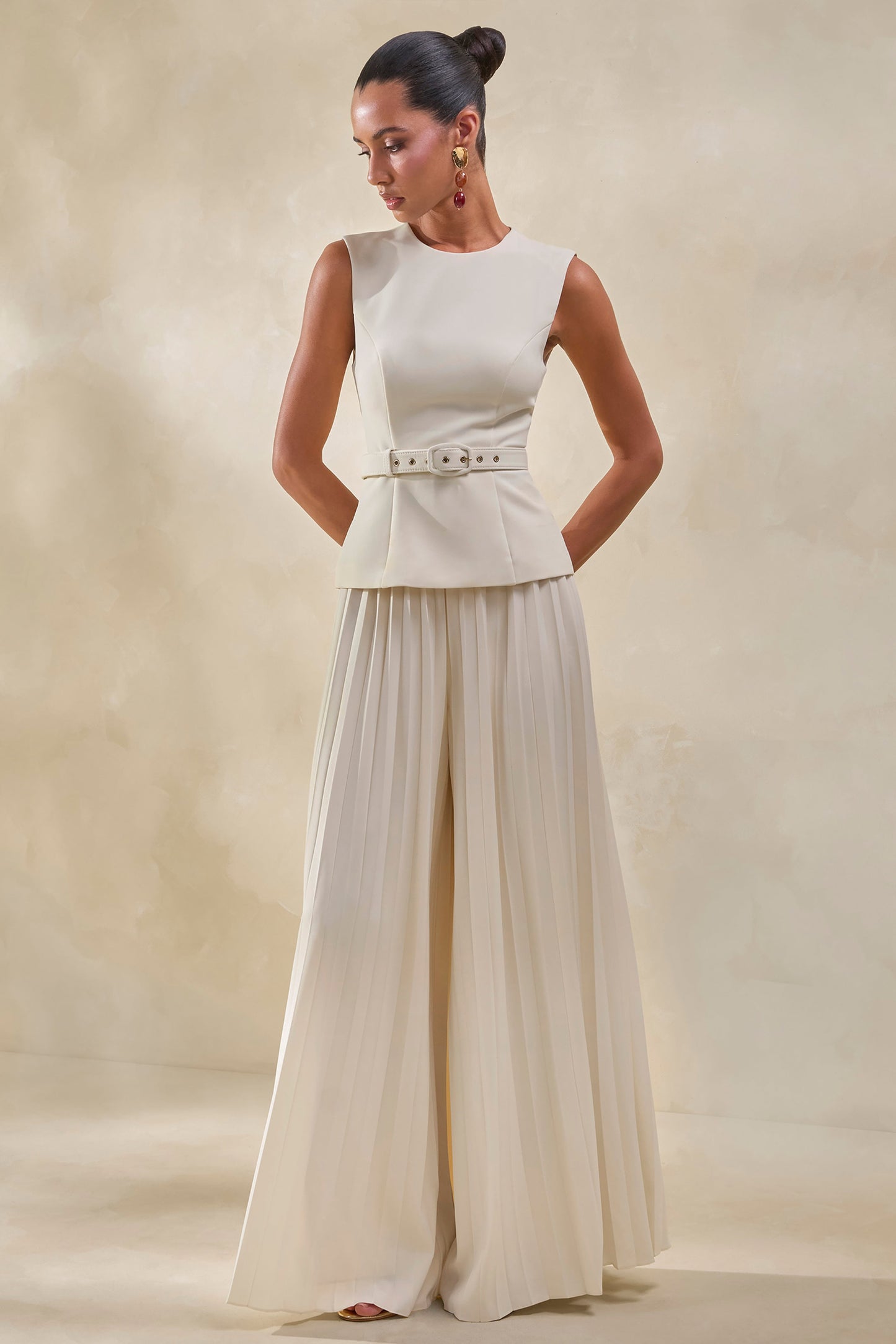 Karienne | Cream Round-Neck Top With Belted-Detail
