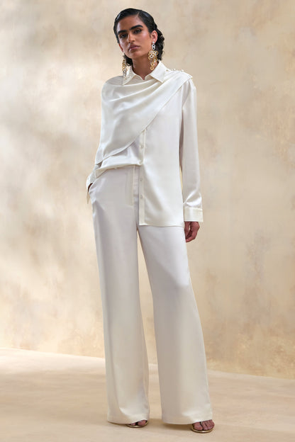 Ilena | Cream Satin Wide-Leg Trouser
