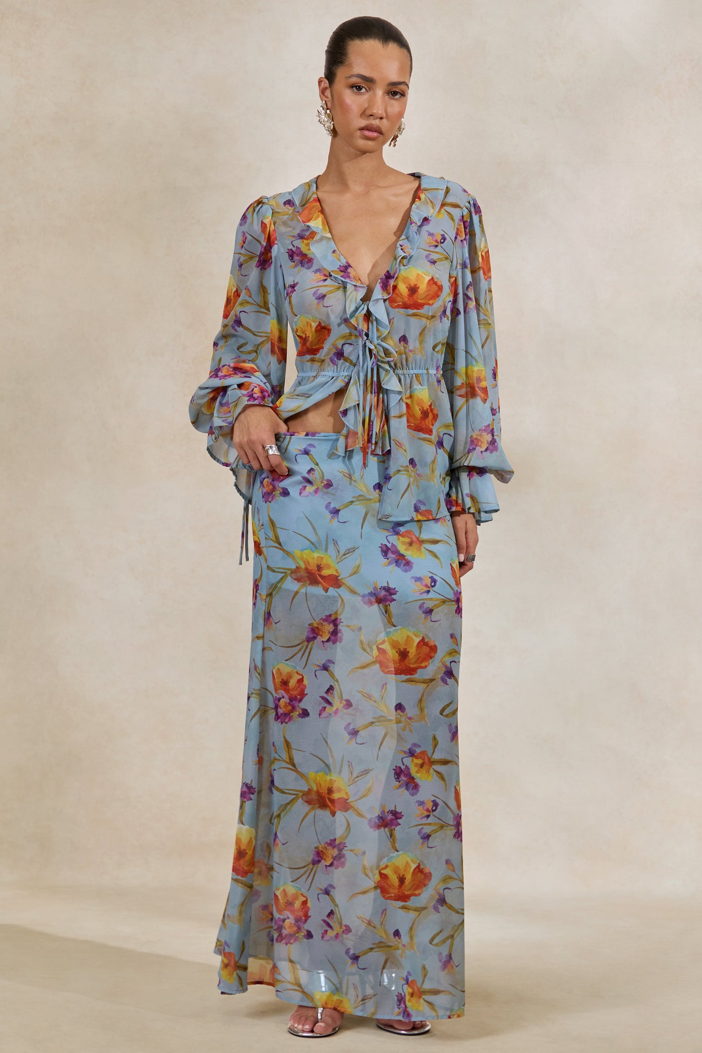 Alveta | Blue Floral Chiffon Sheer Maxi Skirt