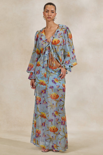 Alveta | Blue Floral Chiffon Sheer Maxi Skirt