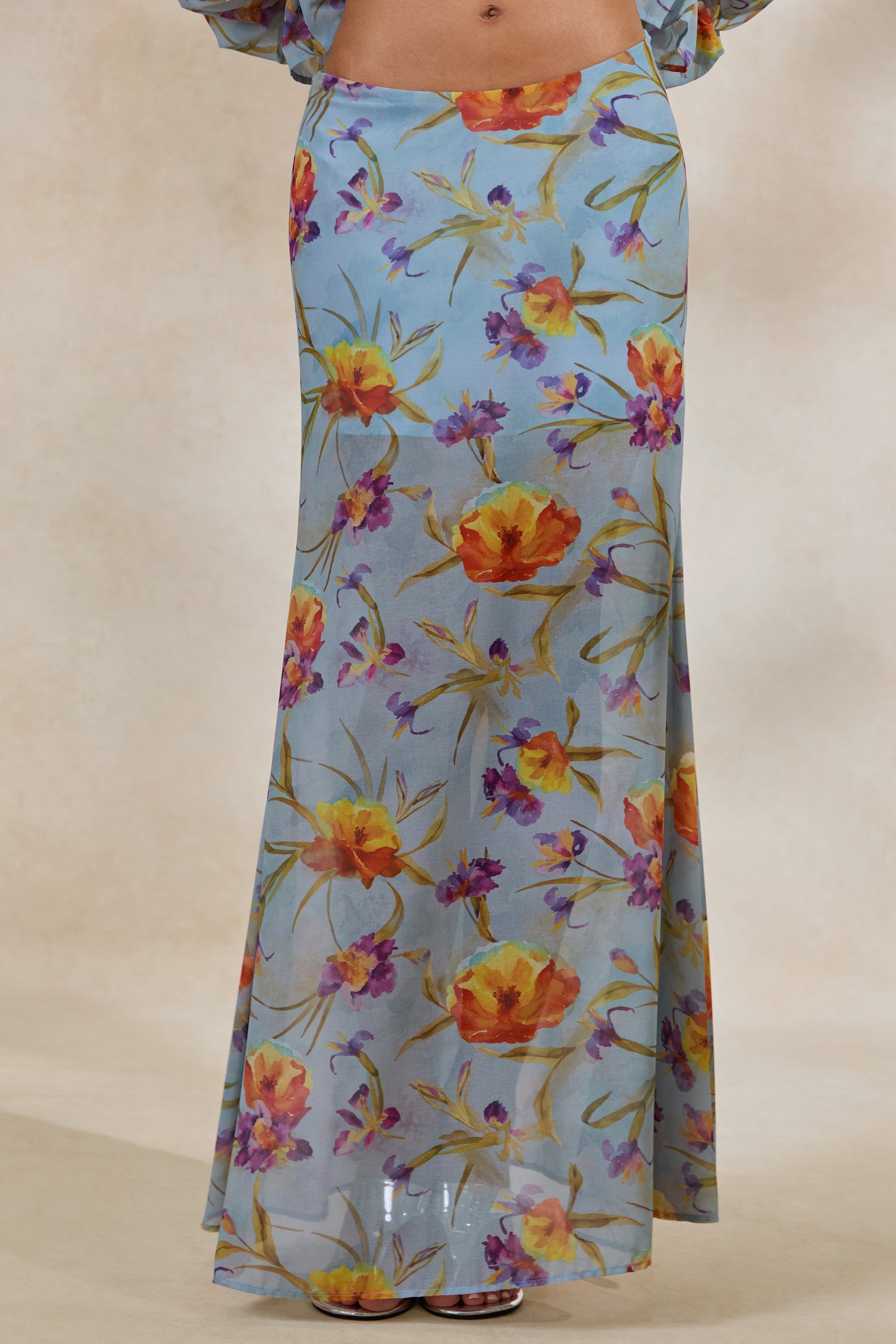 Alveta | Blue Floral Chiffon Sheer Maxi Skirt