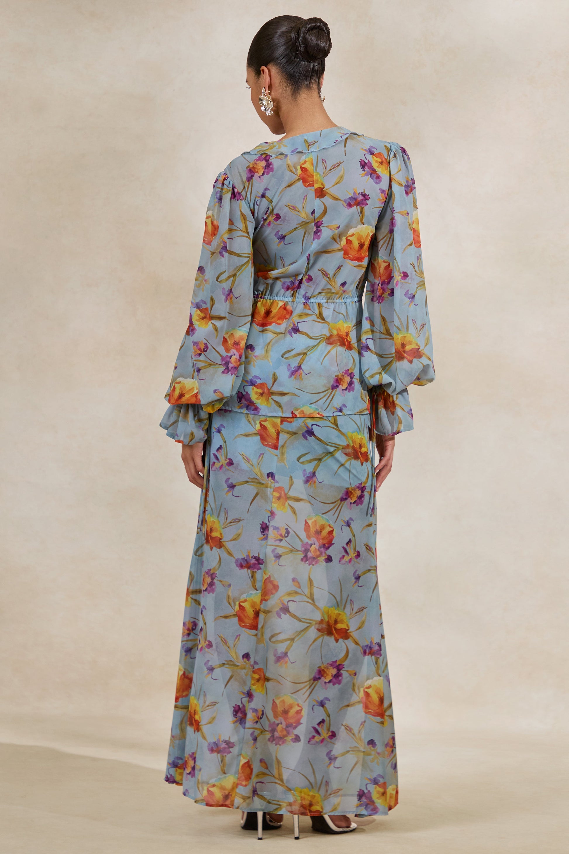 Alveta | Blue Floral Chiffon Sheer Maxi Skirt