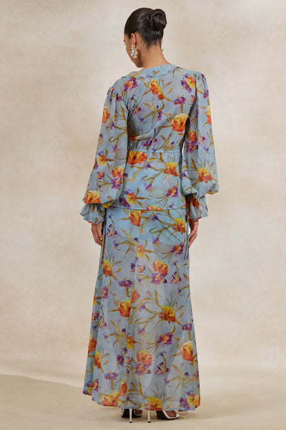 Alveta | Blue Floral Chiffon Sheer Maxi Skirt
