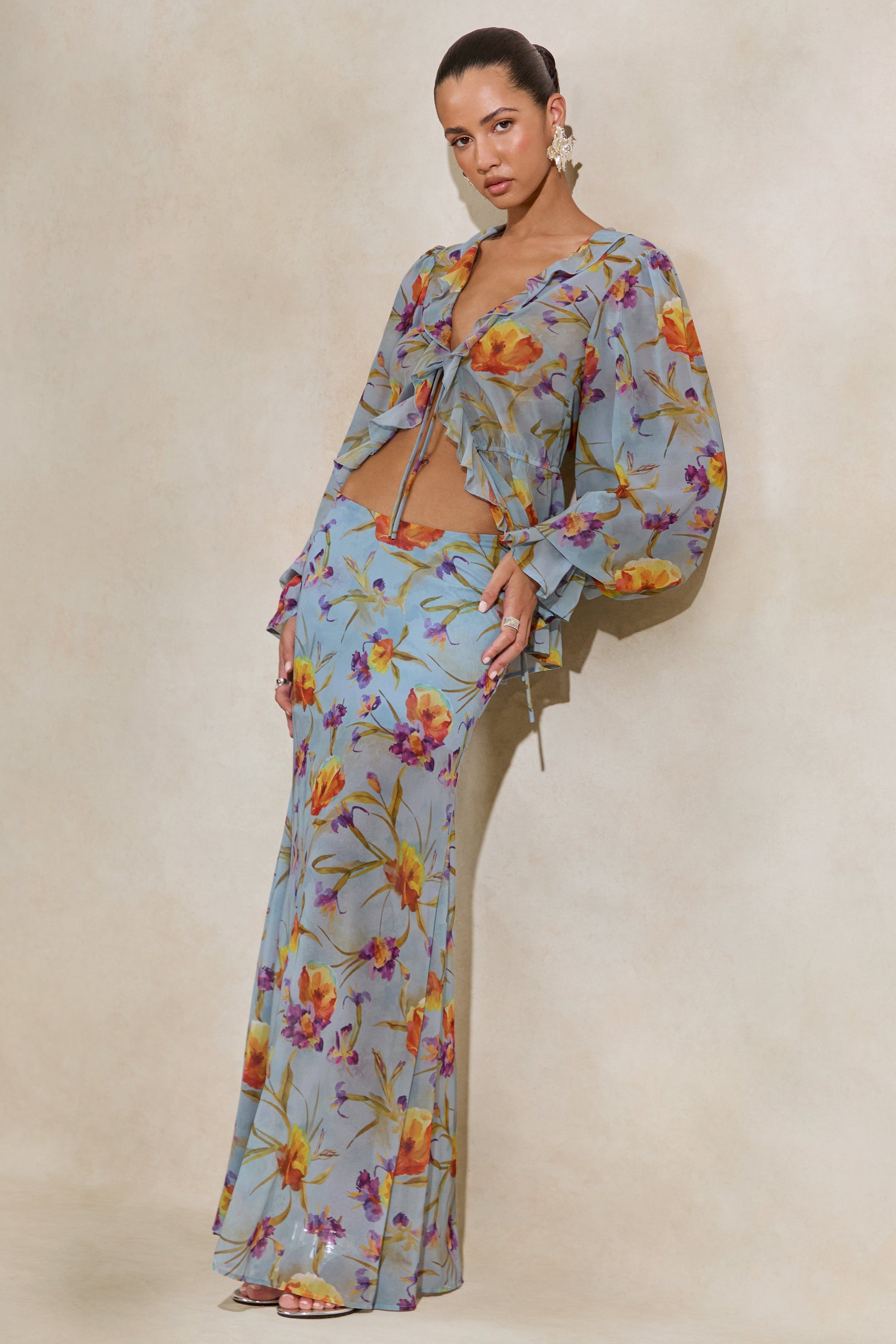 Alveta | Blue Floral Chiffon Sheer Maxi Skirt