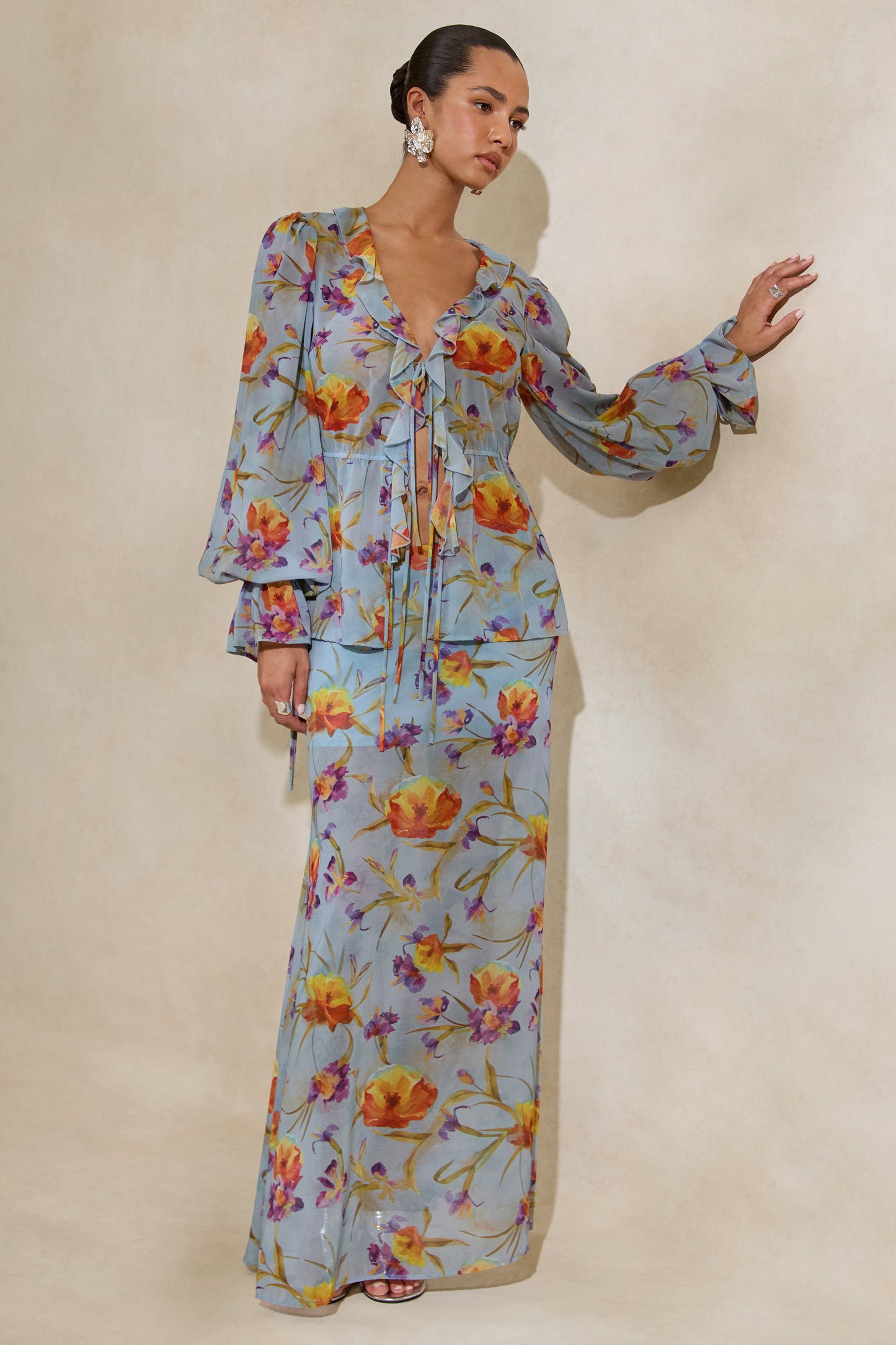 Alveta | Blue Floral Chiffon Sheer Maxi Skirt