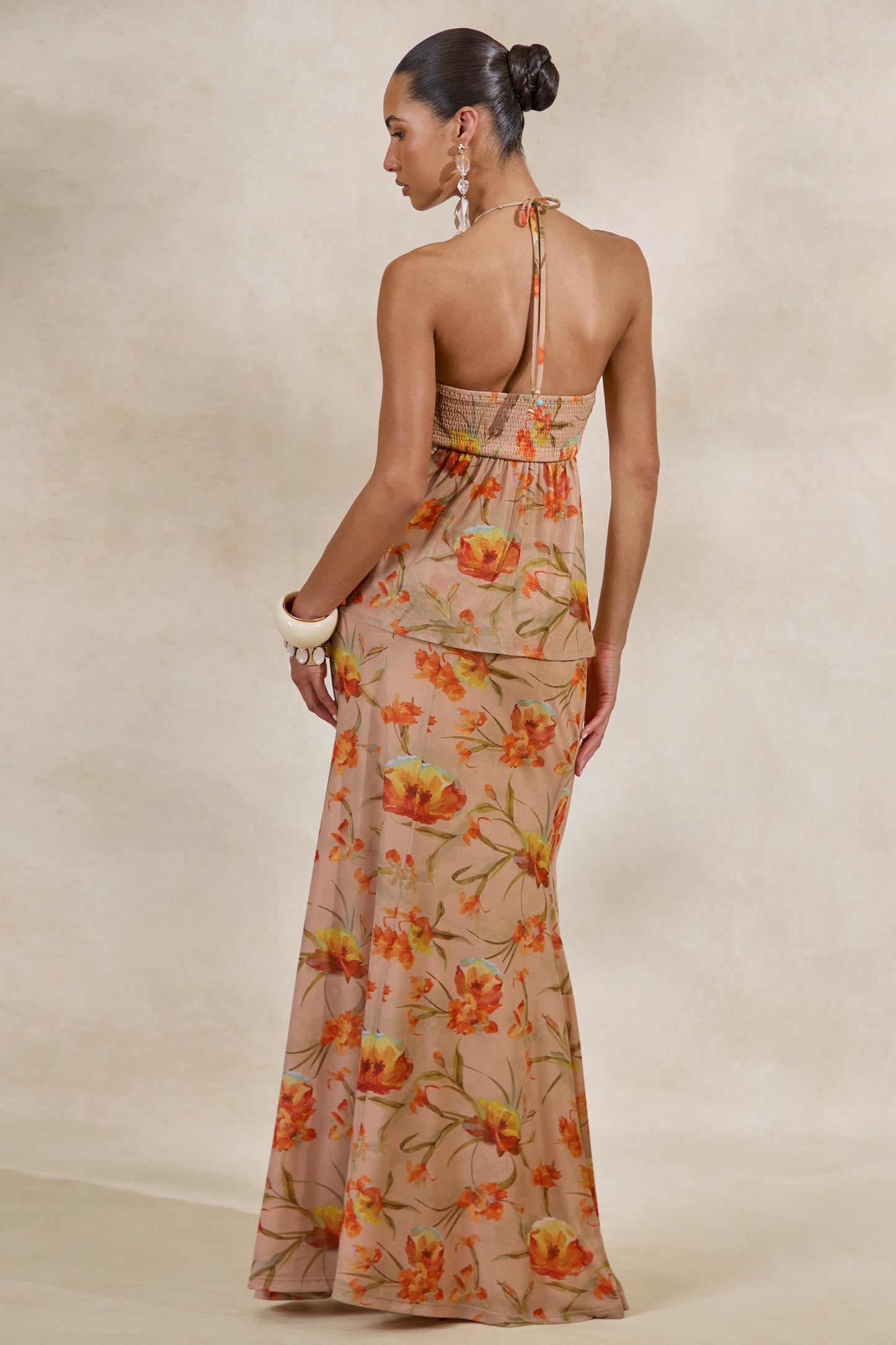 Flaviah | Orange Floral Print Mesh Maxi Skirt