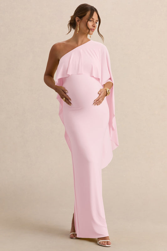 Cicely | Light Pink Asymmetric-Neck Maternity Maxi Dress With Cape Sleeve
