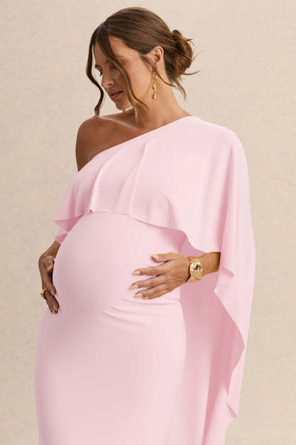 Cicely | Light Pink Asymmetric-Neck Maternity Maxi Dress With Cape Sleeve