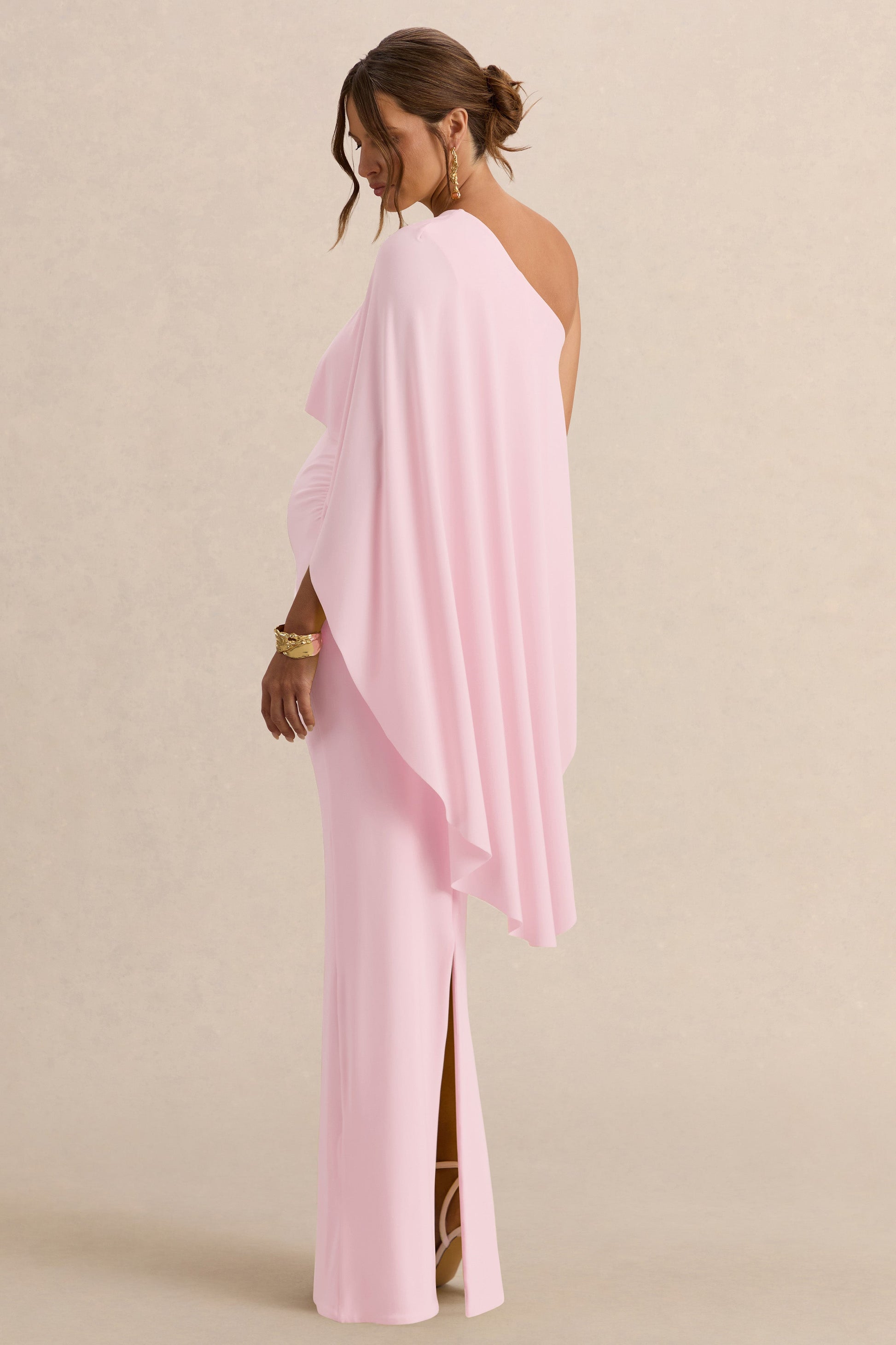 Cicely | Light Pink Asymmetric-Neck Maternity Maxi Dress With Cape Sleeve