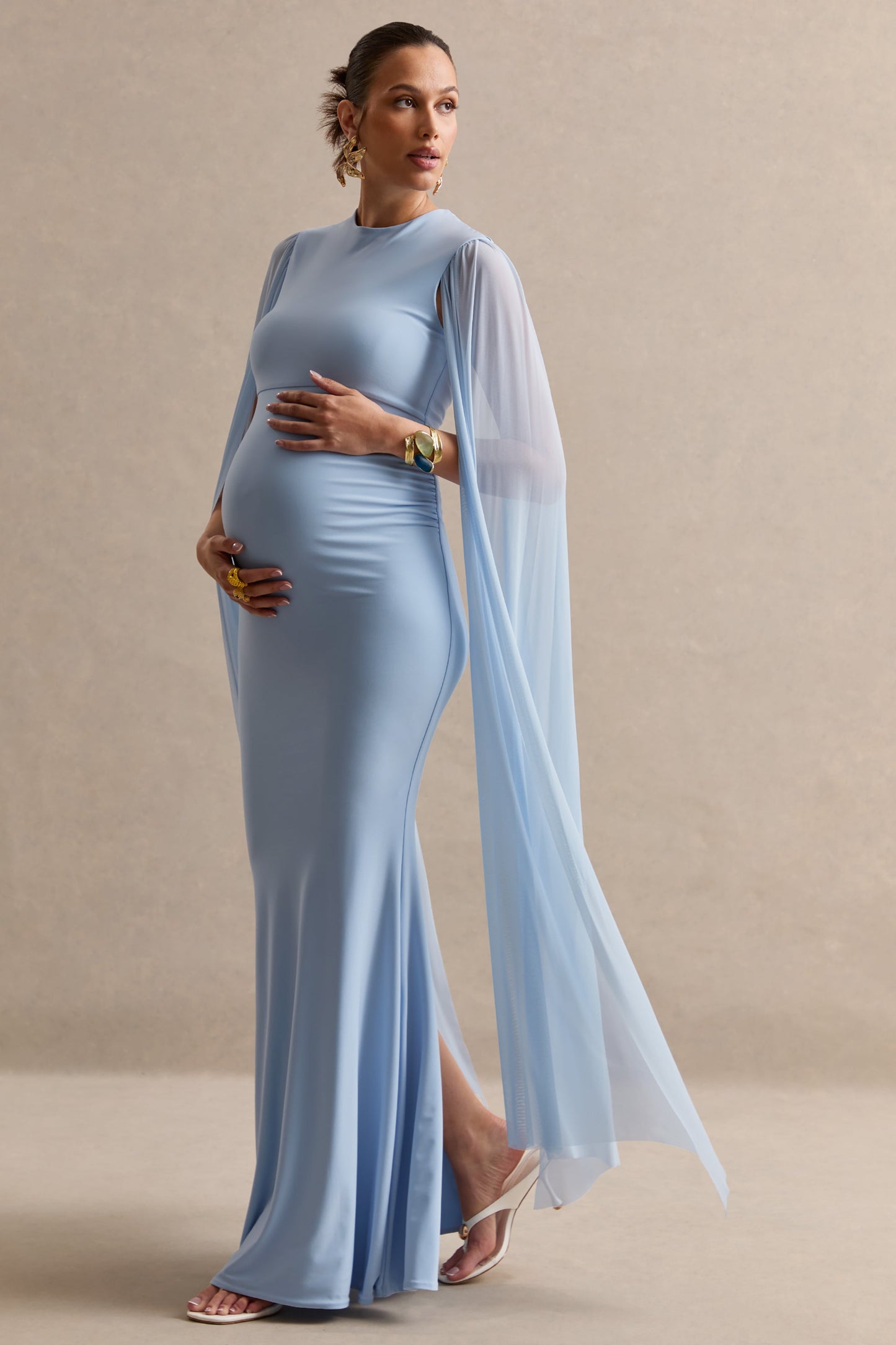 Calitheia | Light Blue Round-Neck Maternity Maxi Dress With Long Floaty Mesh Sleeves