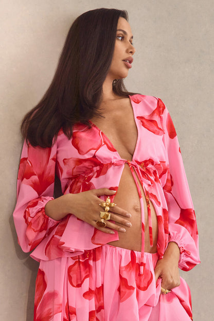 Asella | Pink Chiffon Plunge-Neck Front-Tied Top