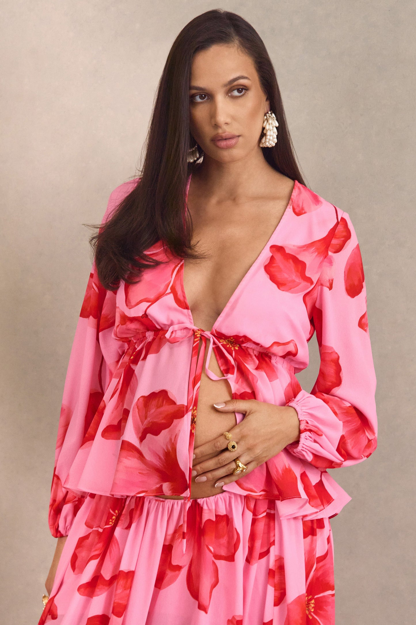 Asella | Pink Chiffon Plunge-Neck Front-Tied Top