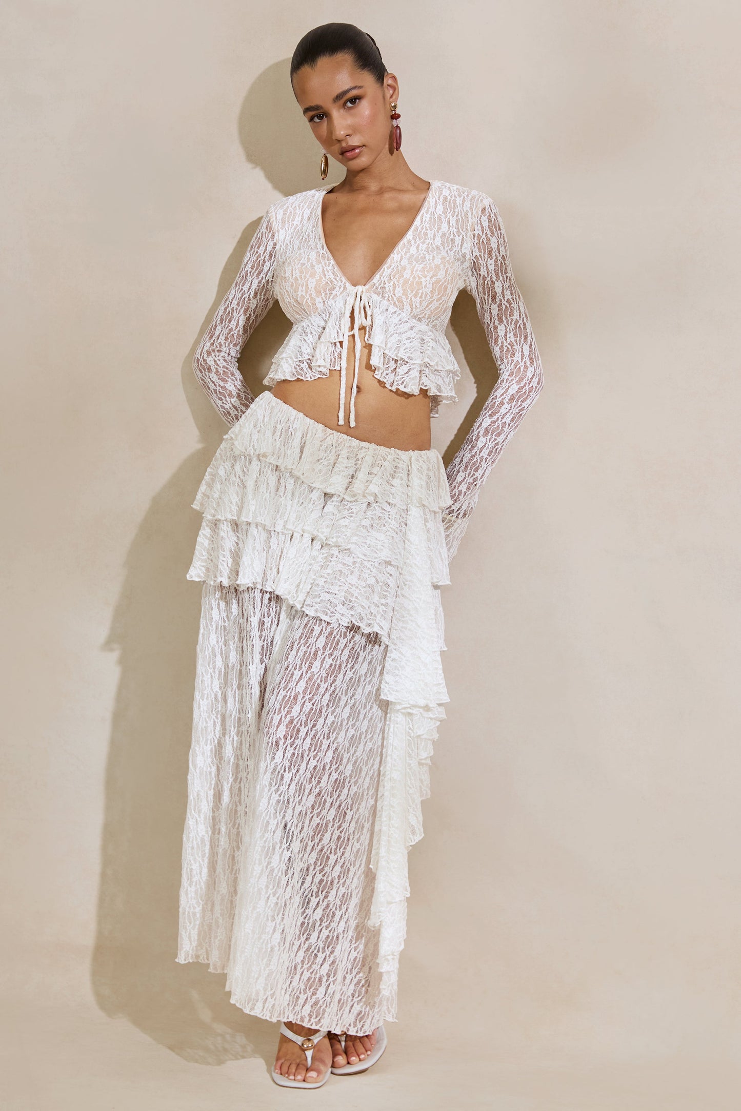 Astella | White Lace Asymmetric-Waist Maxi Skirt With Ruffled Detailing