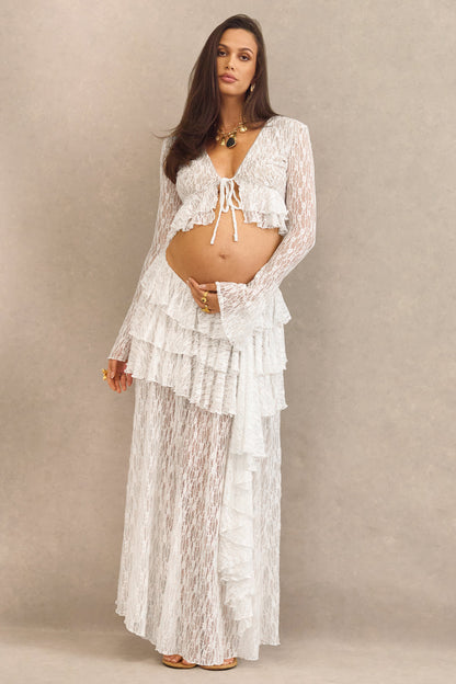 Astella | White Lace Asymmetric-Waist Maxi Skirt With Ruffled Detailing