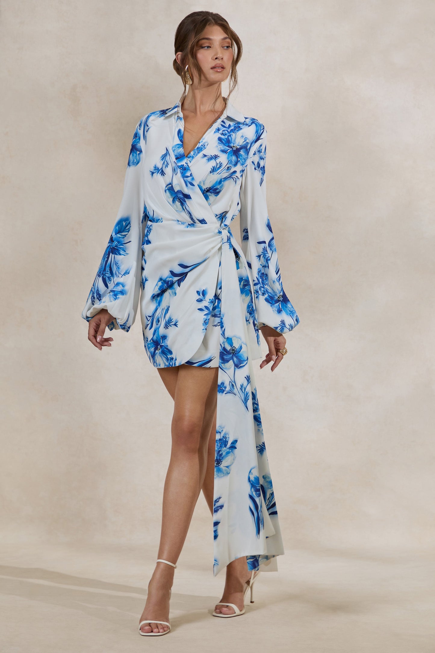 Itzara | Blue Floral Print Plunge-Neck Wrap Dress With Belt Detail