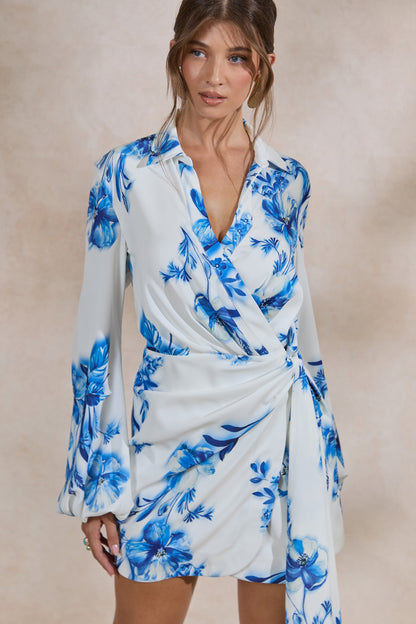Itzara | Blue Floral Print Plunge-Neck Wrap Dress With Belt Detail