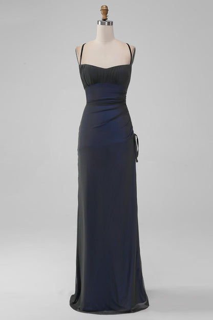 Black Red Spaghetti Straps Mermaid Pleated Long Bridesmaid Dress with Slit