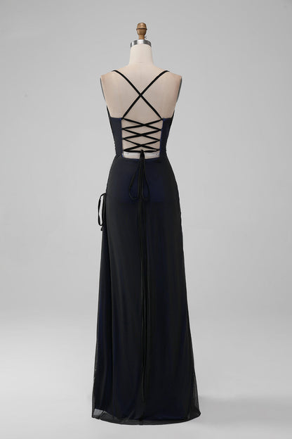 Black Red Spaghetti Straps Mermaid Pleated Long Bridesmaid Dress with Slit