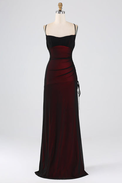 Sheath Spaghetti Straps Black Blue Floor Length Bridesmaid Dress