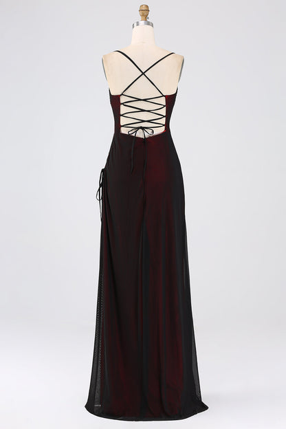 Sheath Spaghetti Straps Black Blue Floor Length Bridesmaid Dress