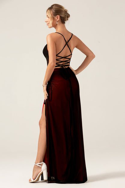 Black Red Spaghetti Straps Mermaid Pleated Long Bridesmaid Dress with Slit