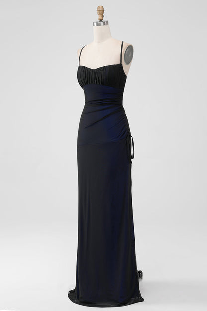 Black Red Spaghetti Straps Mermaid Pleated Long Bridesmaid Dress with Slit