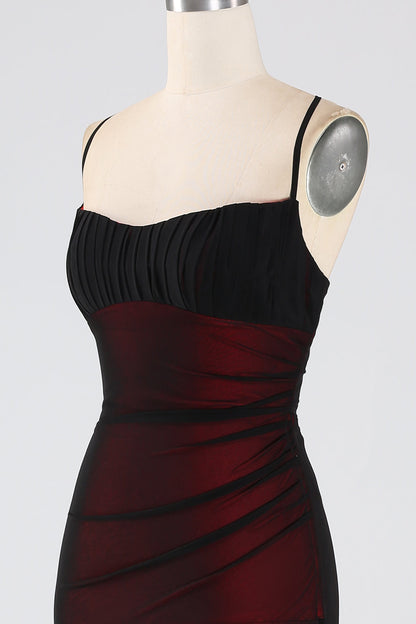 Black Red Spaghetti Straps Mermaid Pleated Long Bridesmaid Dress with Slit
