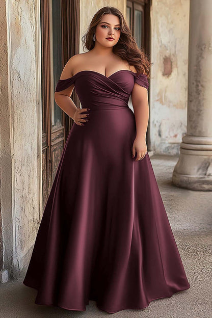 Dusty Blue Off the Shoulder Satin A Line Long Prom Dress
