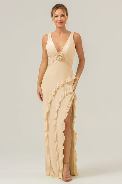 Lime Deep V Neck Ruffles Long Bridesmaid Dress with Slit