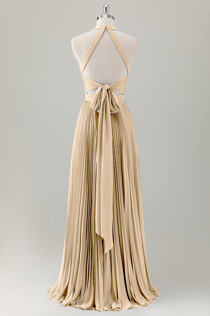 Dark Green A-Line Halter Long Bridesmaid Dress with Slit