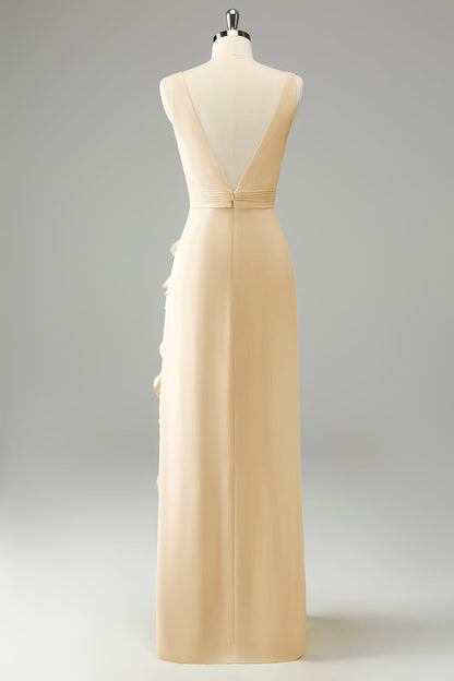 Lime Deep V Neck Ruffles Wedding Guest Dress with Slit